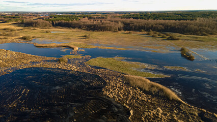 Aerial view of the backwaters of the Narew River on a sunny,spring day.