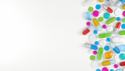 3d rendering of many colorful tablets, pills and capsules.