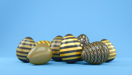 3d render of 8 black and gold easter eggs on blue background.
