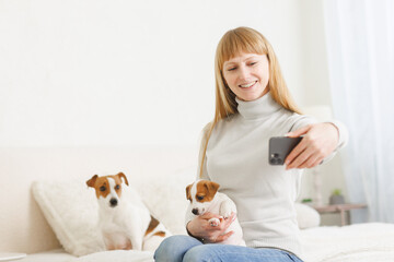 Young woman with her cute Jack Russell Terrier in a chair at home. white pet