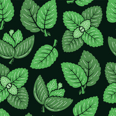 Peppermint Green Leaves Seamless Pattern. Floral Background with Fresh Mint Leaf. Medicinal Plants and Spicy Herbs. Vector illustration.