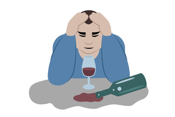 Drunk man with a fallen bottle and a glass sitting at an abstract desk table holding head with hands. Abstract simple vector illustration. Alcoholism.