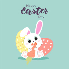 Happy Easter! Easter bunnies and egg. Cartoon spring scene for traditional greeting cards. Flat design illustration in bright colors. bunny eating a carrot.