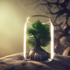 Climate change concept. Tree in a jar with generative ai