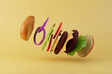 a large burger flying into ingredients on a yellow background. 3D render