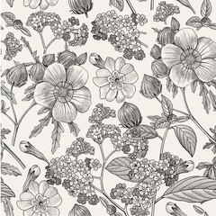Seamless pattern fabric. Beautiful realistic isolated flowers. Vintage background. Hibiscus, Wahlenbergia Hemlock fern wildflowers. Wallpaper baroque. Drawing engraving. Vector victorian illustration