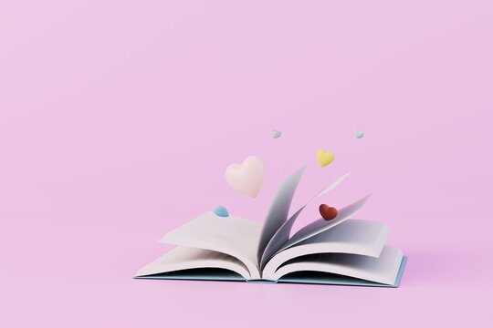reading romance novels. an open book from which hearts fly out. 3D render