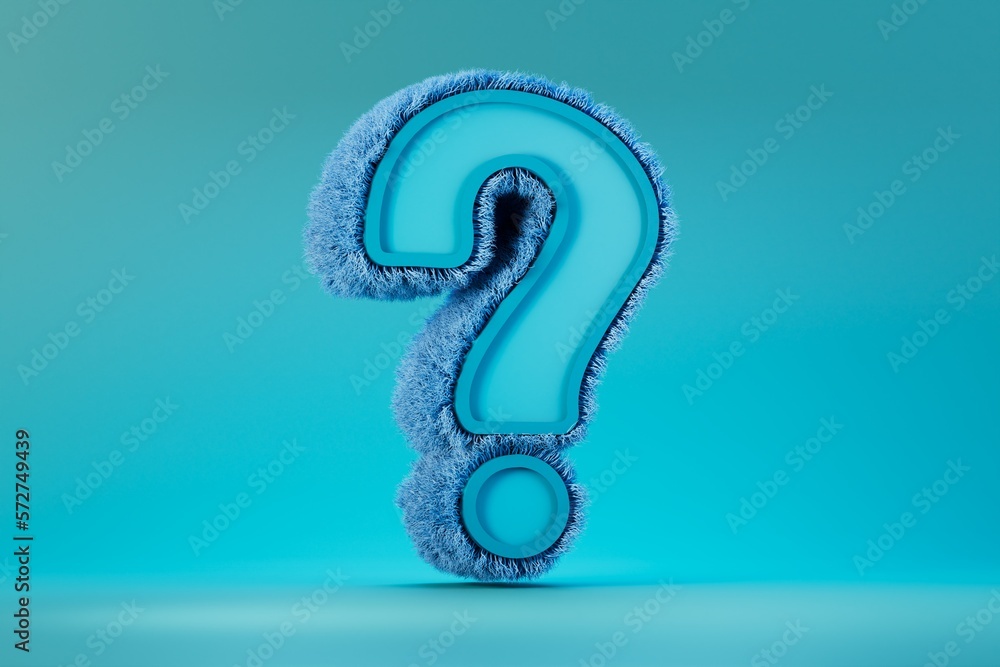 Poster a large question mark covered with blue lint on a blue background. 3d render