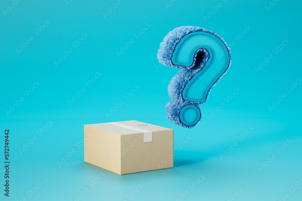 Poster unknown parcel. box with a parcel above which is a question mark on a turquoise background. 3d rende