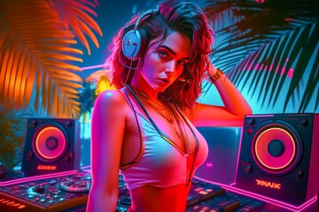 Attractive DJ girl wears bikini at the dance party. DJ console turntable, headphones. Neon light. Palm trees on background. Hot summer vacation nightlife. 