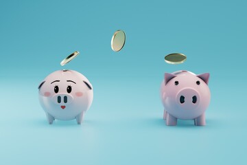 the concept of storing money in piggy banks. piggy banks in which coins are poured. 3D render