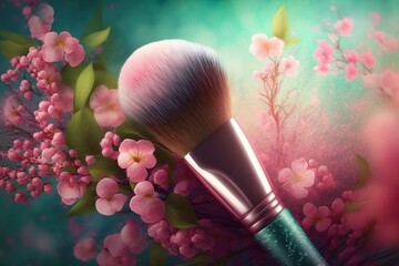Obraz na płótnie Canvas Sale banner Beauty Cosmetics brush makeup Spring Flowers background