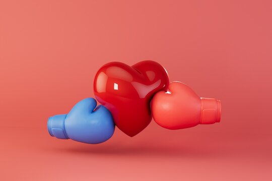 a broken heart. boxing red and blue gloves on both sides beat the heart on a red background. 3D render