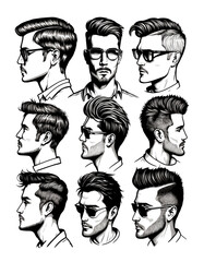 A Black and White Set of Hipster Men Hairstyles Banner Illustration, Fictional Characters, Generative AI