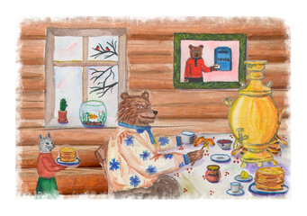 Watercolor drawing on the theme of Shrovetide, a bear eats honey, a cat carries pancakes on the table there is a samovar, pancakes, honey, tea, cup, lemon