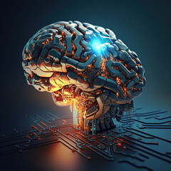 Artificial Intelligence. AI Human Brain with the circuit board. 3D hyper detailed Render. Mind technology. Generative AI.