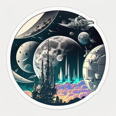 sticker of space city on moon , with lot of spaceships in the sky , Anime style