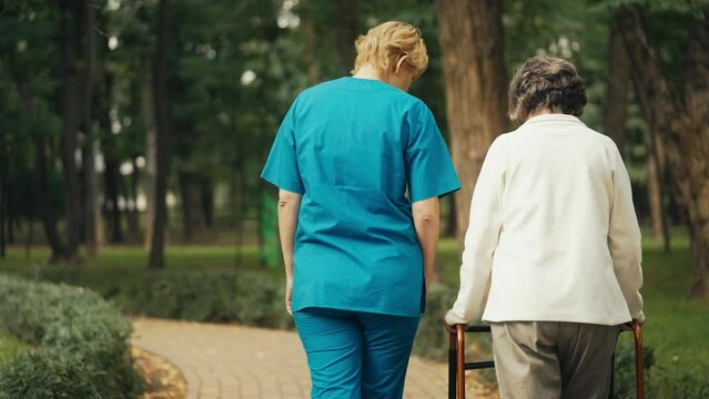 Professional nurse assisting senior woman with disability to walk in a park