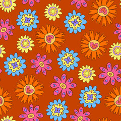 Vibrant vintage floral seamless pattern on orange background. Pattern with primitive colorful retro vintage flowers 1970