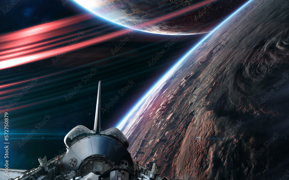 Wall mural shuttle in orbit of deep space planet. science fiction. elements of this image furnished by nasa
