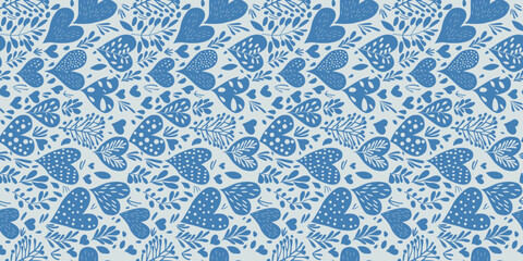 Blue white pattern. Flowers and hearts, hand drawn. Seamless vector pattern. Used for printing on the surface, fabric, wallpaper, notebooks, packaging.