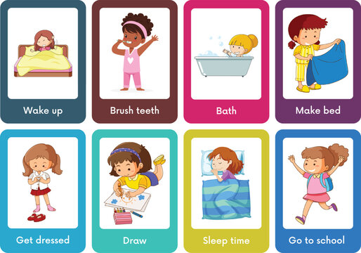 Visual Scheduling Flashcards, Kids Learning Flashcards, Kindergarten Flashcards, Preschool Learning Flashcards, Book Writing Elements And Graphic Resource Vectors And Illustrator.