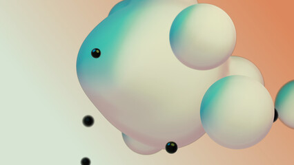 Liquid fluid dynamic abstract animated white metaball floating spheres blobs drops bubbles in transition deformation beige background with black little pearls 3d render for presentation business adds
