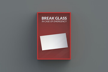 Business card in red emergency box on gray wall. 3d render