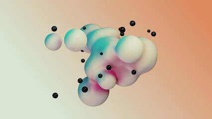 Liquid fluid dynamic abstract animated white metaball floating spheres blobs drops bubbles in transition deformation beige background with black little pearls 3d render for presentation business adds