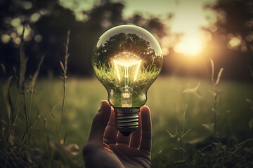 Renewable energy, hand holding a lightbulb, green energy. Generative AI