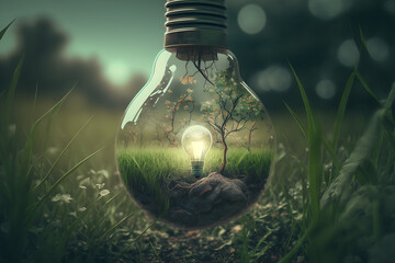 Lightbulb with clean energy, renewable energy, green energy. Generative AI