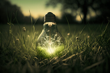 light bulb in the grass, renewable energy, green energy. Generative AI