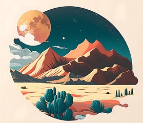 landscape with mountains, illustration with big moon. Generative AI