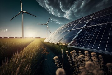 wind turbine and panels at sunset, renewable energy, green energy. Generative AI