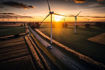 Sunset through wind farm, renewable energy, green energy. Generative AI