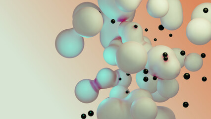 Liquid fluid dynamic abstract animated white metaball floating spheres blobs drops bubbles in transition deformation beige background with black little pearls 3d render for presentation business adds