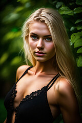 Naklejka premium Blonde swedish woman outside in the garden. Generative ai.