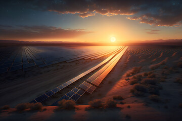 Solar farm landscape, renewable energy, sunset. Generative AI