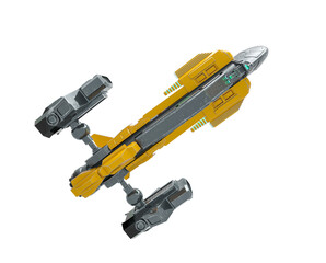 steam punk spaceship is passing by in white background bottom view