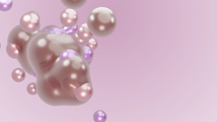 3D render animation motion design presentation background wallpaper metasphere. Pink purple abstract meta sphere liquid shape moving deformation transition to meta balls bubbles drops pearls molecules