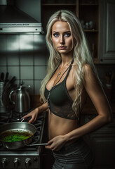 Fototapeta na wymiar Sexy blonde girl cooking in kitchen. Generative ai