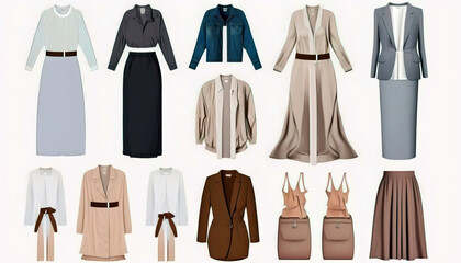 Women's clothing collage. Women's clothing fashion clothes set isolated on white background. AI generated image.