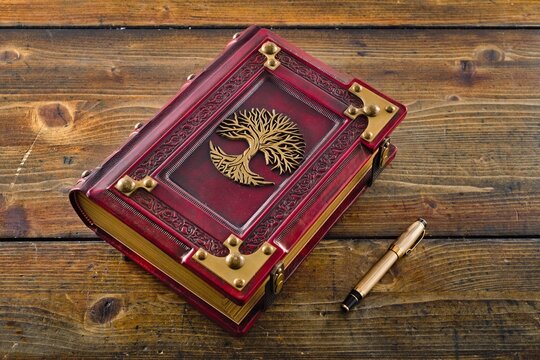 Aged red leather book with the tree of life in the center of the front cover. The cover is embossed, gilded, have metal corners, raised ribs on the spine. 
