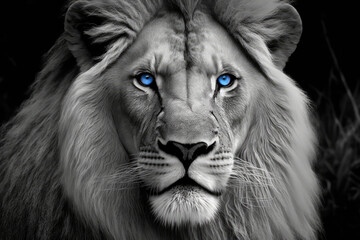 black and white lion head portrait with blue eyes made with generative ai
