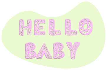 Sticker with  text hello baby pink color.