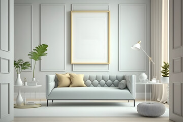 3d illustration of empty frame wall white modern interior living room soft colors - Generative AI