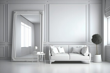 3d illustration of empty frame wall white modern interior living room soft colors - Generative AI