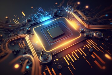 Futuristic microchip processor. Quantum computer, big data processing, database concept. Development of technologies of the future CPU and microprocessors for machine learning, ai - obrazy, fototapety, plakaty