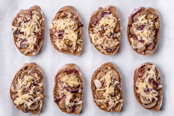 Delicious crispy toast or bruschetta with fried onion, champignon mushrooms and cheese
