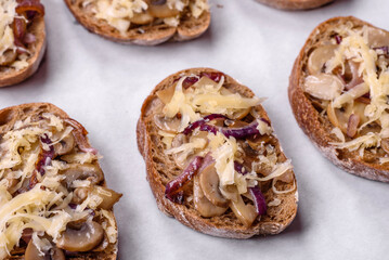 Delicious crispy toast or bruschetta with fried onion, champignon mushrooms and cheese